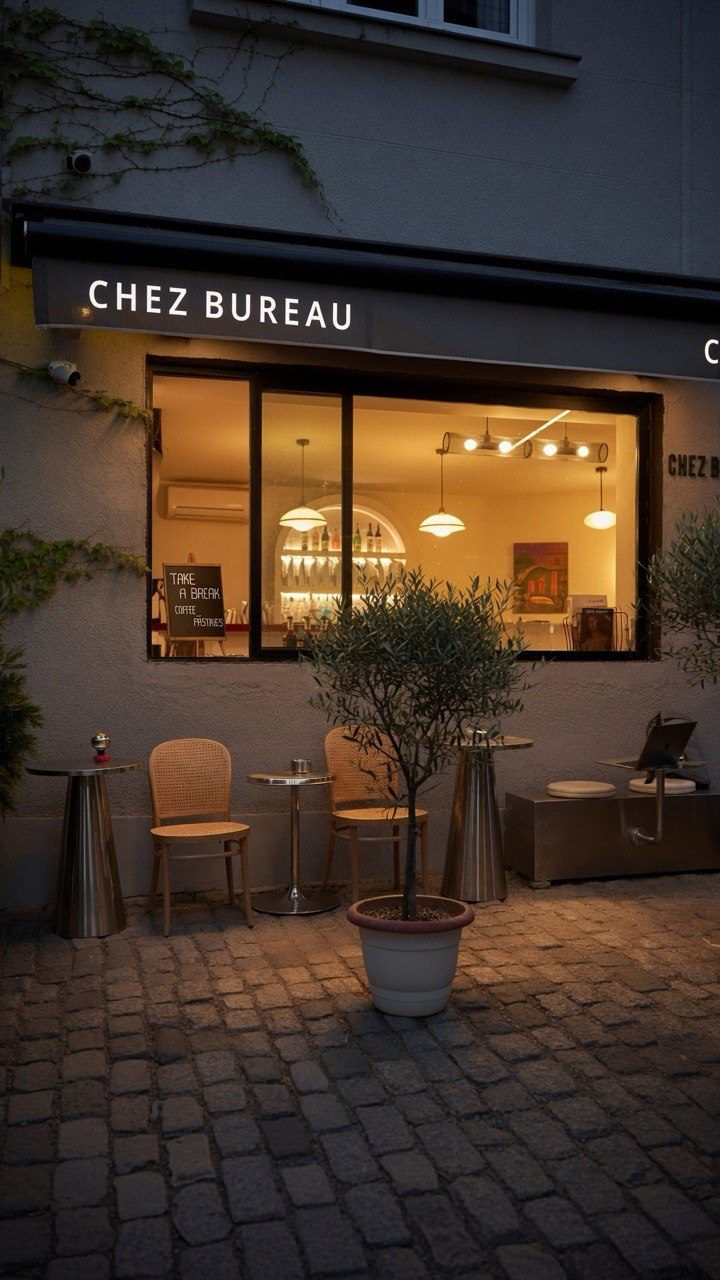 The lit Chez Bureau storefront at dusk, tables and an olive tree on the cobblestones